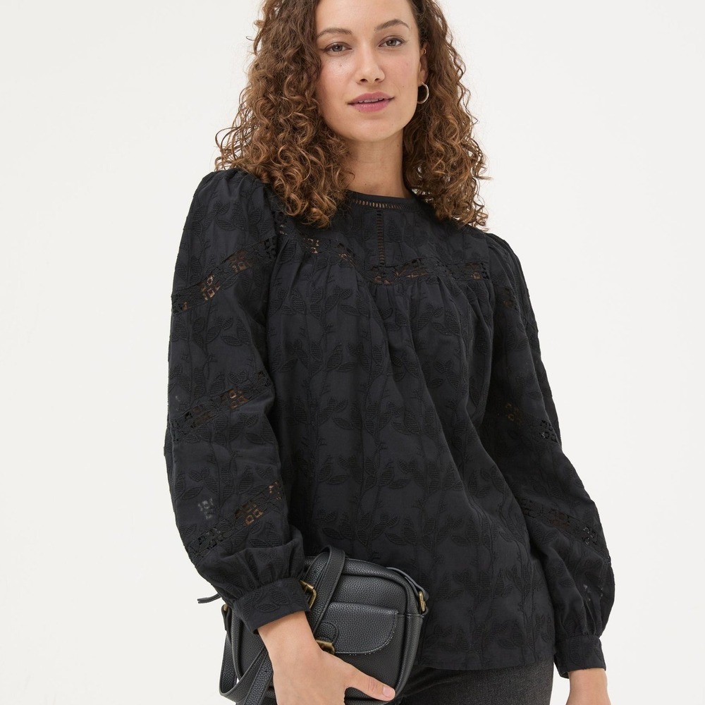 FATFACE Black Embroidered Peasant Blouse US 12 Cotton Eyelet Lace Boho Top